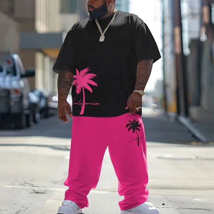  Men's Plus Size California Palm Tree Printed T-shirt Pants Set