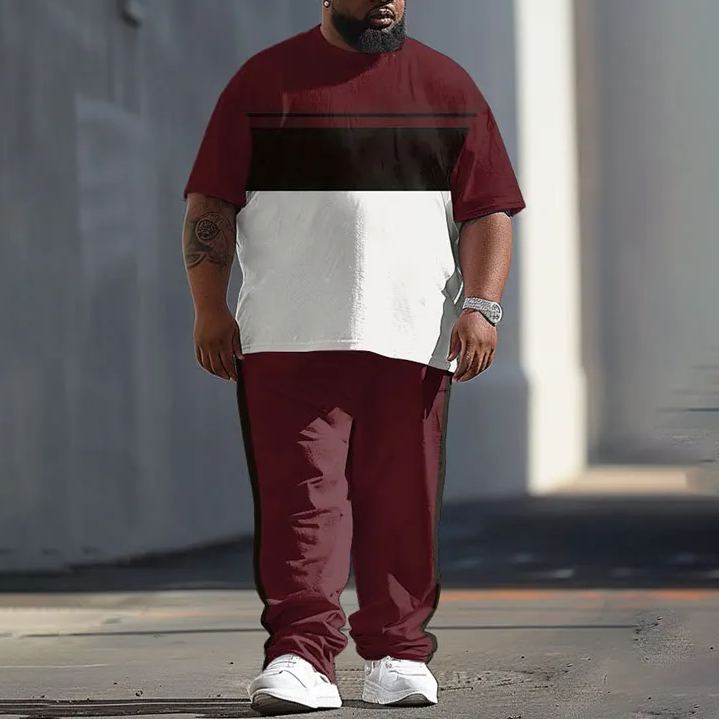  Men's Plus Size Contrasting Color Rectangular Shape Printed T-shirt Pants Set