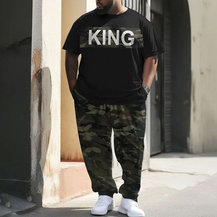 Men's Plus Size Fashion Camouflage King Casual Printed T-shirt Pants Set