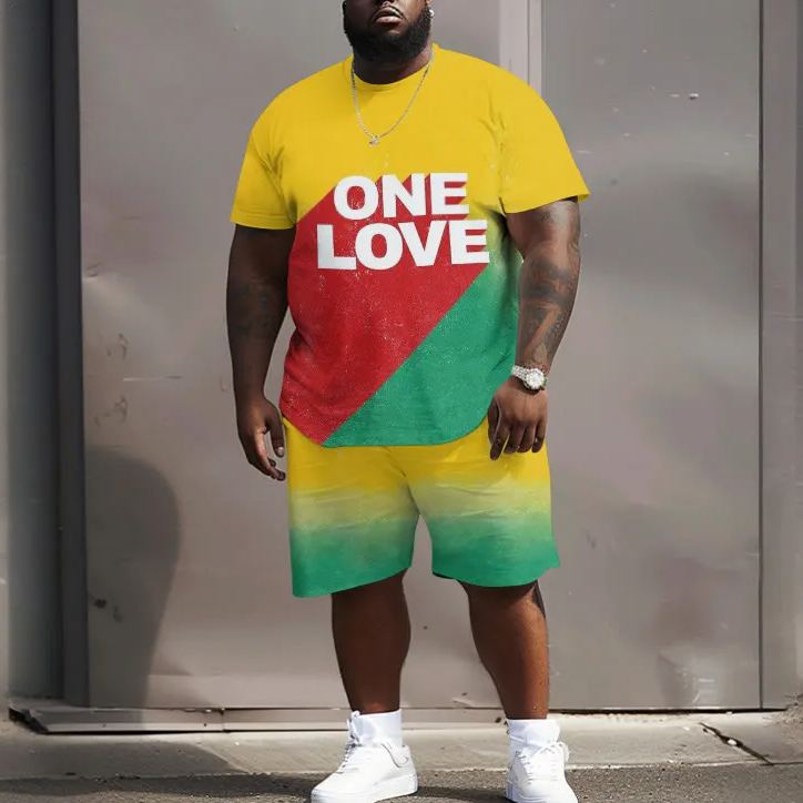 Men's Plus Size One Love Color Block Design Print Crew Neck Short Sleeve T-shirt Two-piece Set