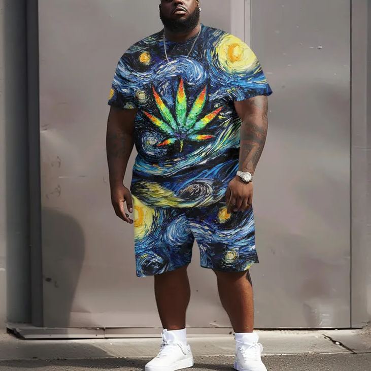 Men's Plus Size Creative Van Gogh Starry Sky Reggae Print Crew Neck Short Sleeve T-shirt Two-piece Set
