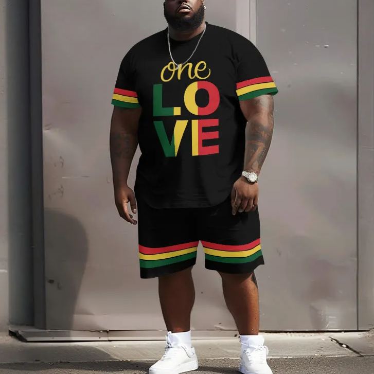 Men's Plus Size One Love Color Block Stripe Design Print Crew Neck Short Sleeve T-shirt Two-piece Set