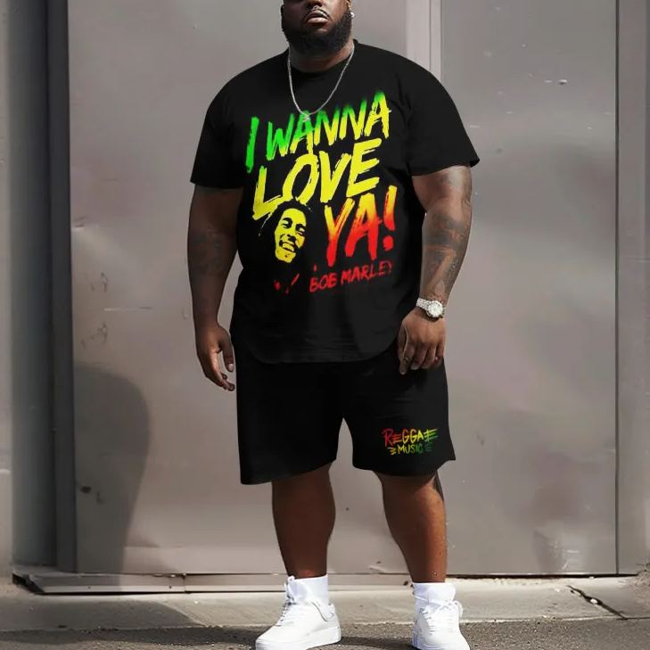 Men's Plus Size I Wanna Love Reggae Print Crew Neck Short Sleeve T-shirt Two-piece Set