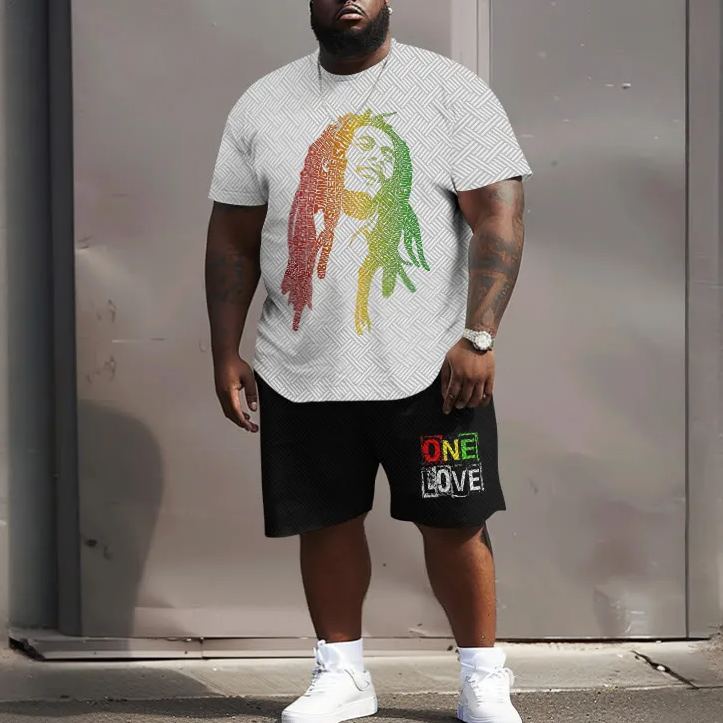 Men's Plus Size Reggae One Love Print Crew Neck Short Sleeve T-shirt Two-piece Set