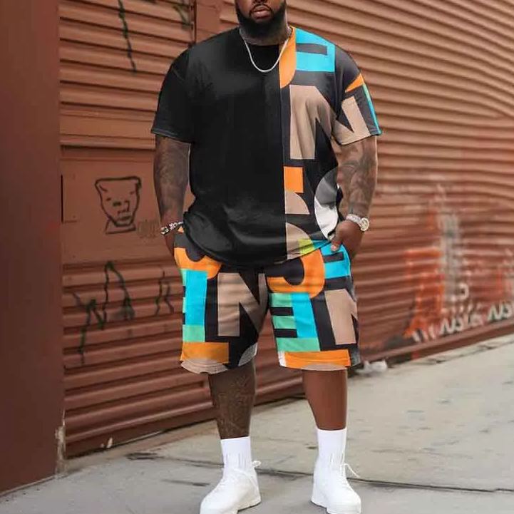 Men's Plus Size Fluorescent Colorful Letter Casual Print Shorts Set