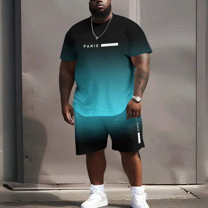 Men's Plus Size Casual Ombre Paris Print Crew Neck Short Sleeve T-shirt Two-piece Set