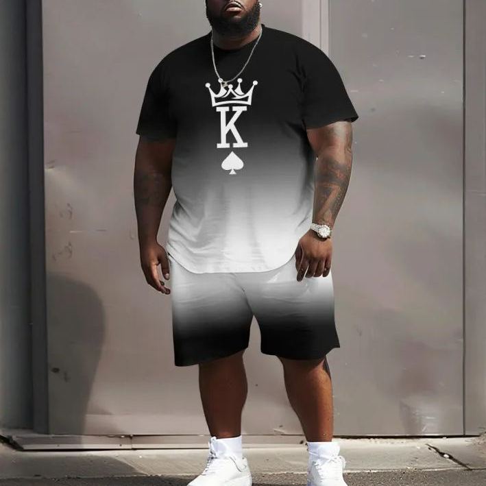 Men's Plus Size Casual Street King Print Crew Neck Short Sleeve T-shirt Two-piece Set