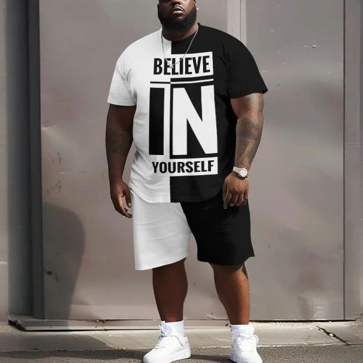 Men's Plus Size Casual Ombre Believe In Yourself Print Crew Neck Short Sleeve T-shirt Two-piece Set