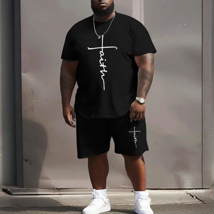 Men's Plus Size Casual Faith Print Crew Neck Short Sleeve T-shirt Two-piece Set