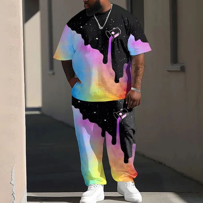  Men's Plus Size Ombre Colorful Starry Sky Printed T-shirt Pants Set