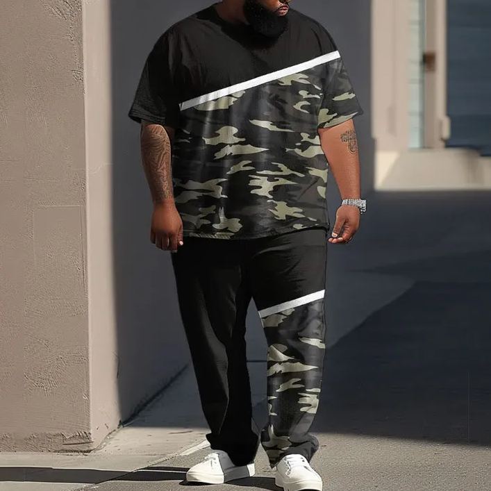  Men's Plus Size Solid Contrasting Color Camouflage Style Printed T-shirt Pants Set
