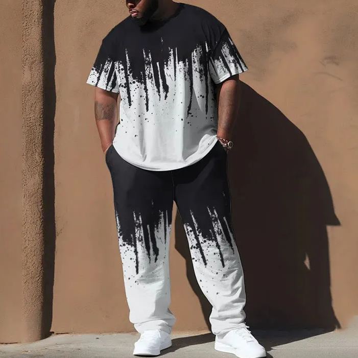  Men's Plus Size Ink Watercolor Painting Spot Printed T-shirt Pants Set