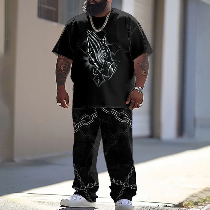  Men's Plus Size God-fearing Praying Hand Printed T-shirt Pants Set