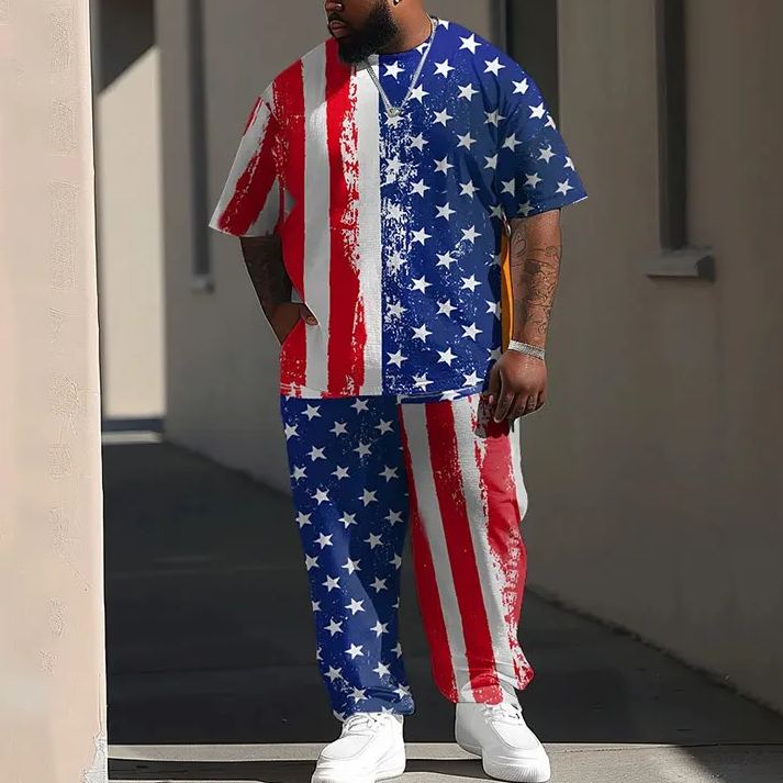  Men's Plus Size Fashion Us Flag Casual Printed T-shirt Pants Set