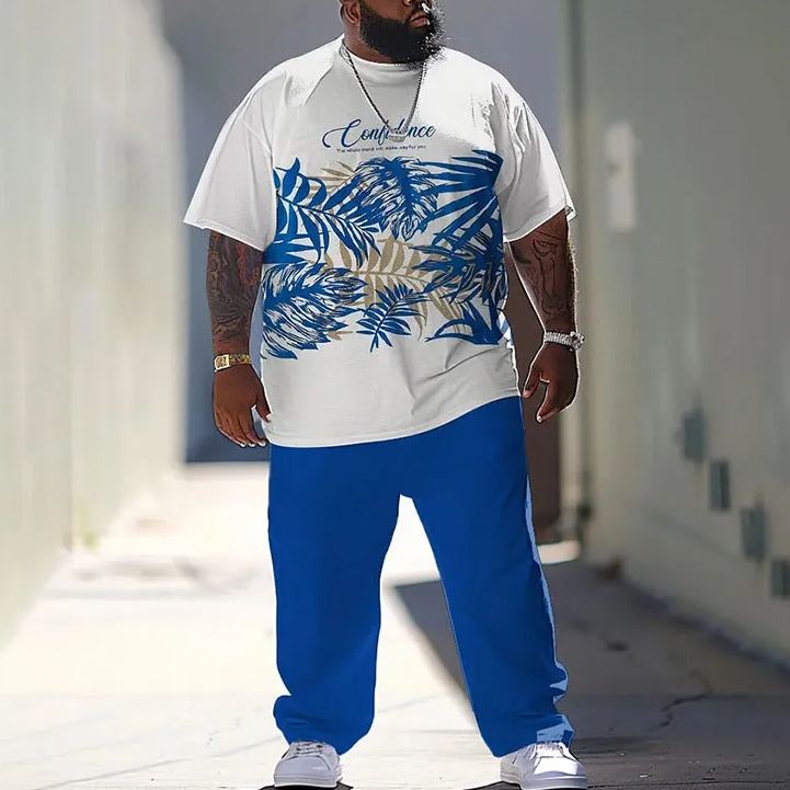  Men's Plus Size Summer Blue Palm Leaves Printed T-shirt Pants Set