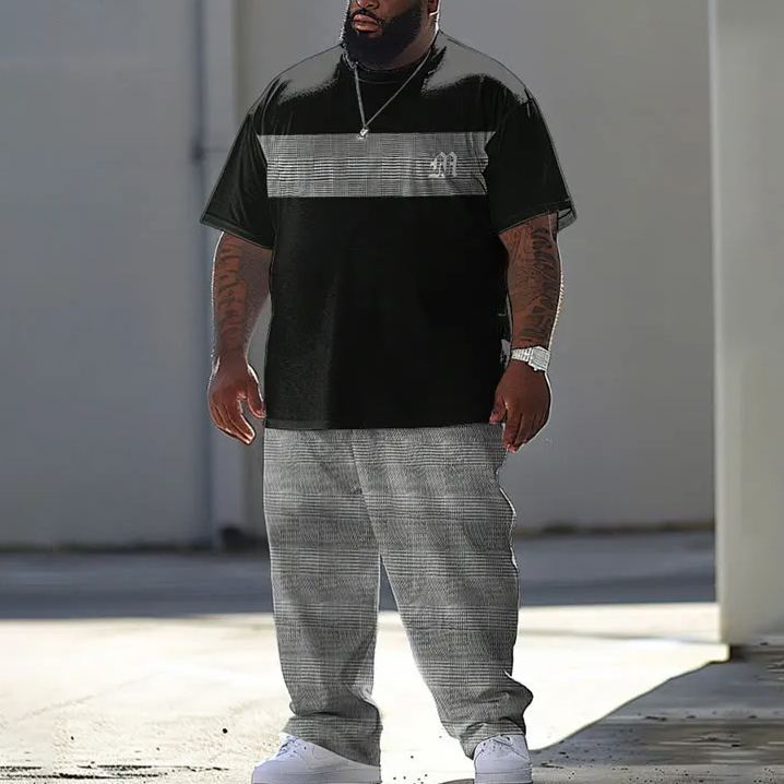  Men's Plus Size Simple Ombre Solid Color Letter M Printed T-shirt Pants Set