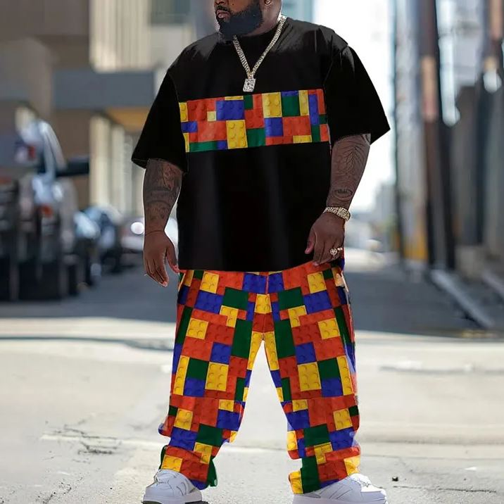  Men's Plus Size Fashion Colorful Block Puzzle Printed T-shirt Pants Set