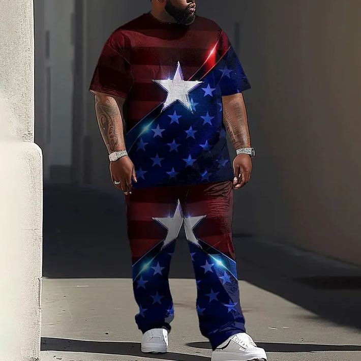  Men's Plus Size Sparkling Stars Us Flag Casual Printed T-shirt Pants Set