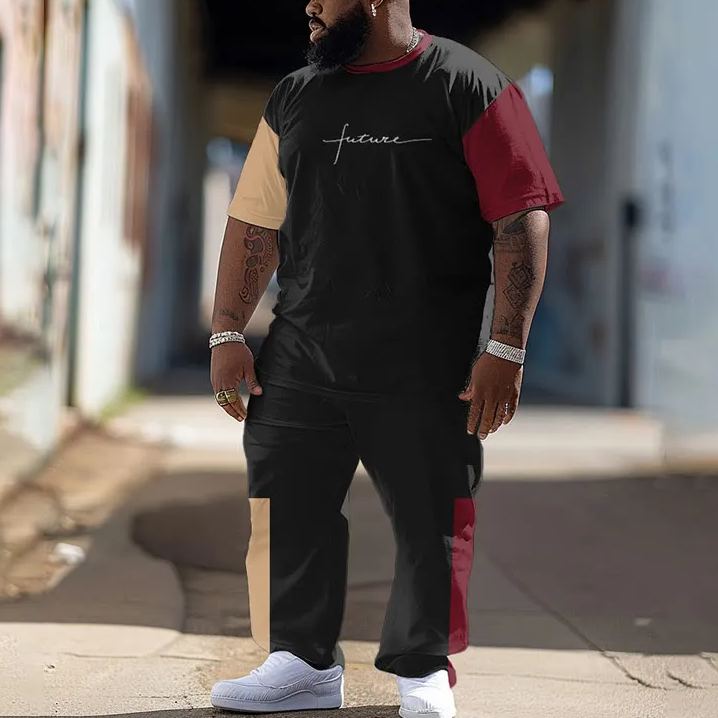  Men's Plus Size Simple Solid Color Word Future Printed T-shirt Pants Set