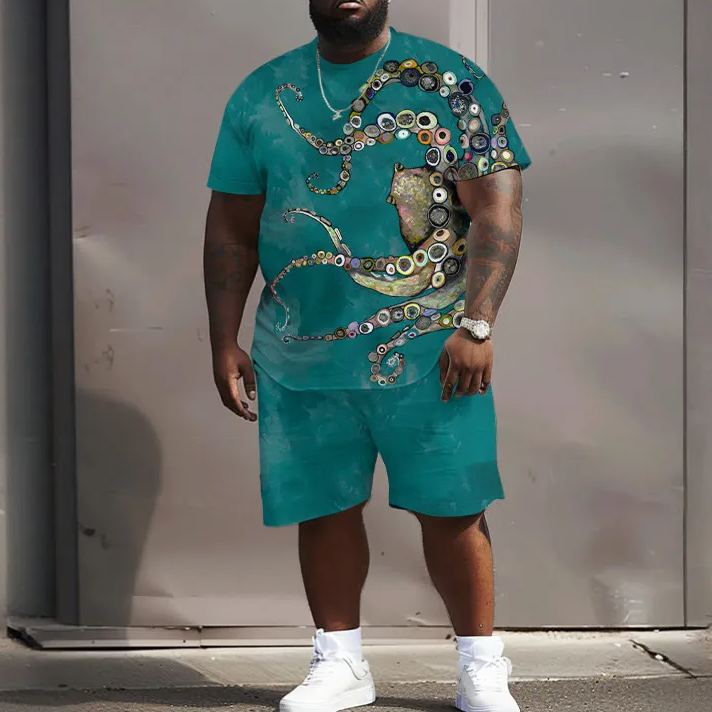 Men's Plus Size Colorful Octopus Oil Painting Print Short Sleeve T-shirt Two-piece Set