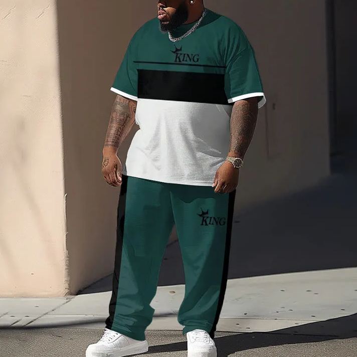  Men's Plus Size Crown Pattern King Contrasting Color Printed T-shirt Pants Set