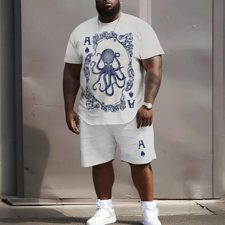Men's Plus Size Spade Ace Octopus Print Short Sleeve T-shirt Two-piece Set