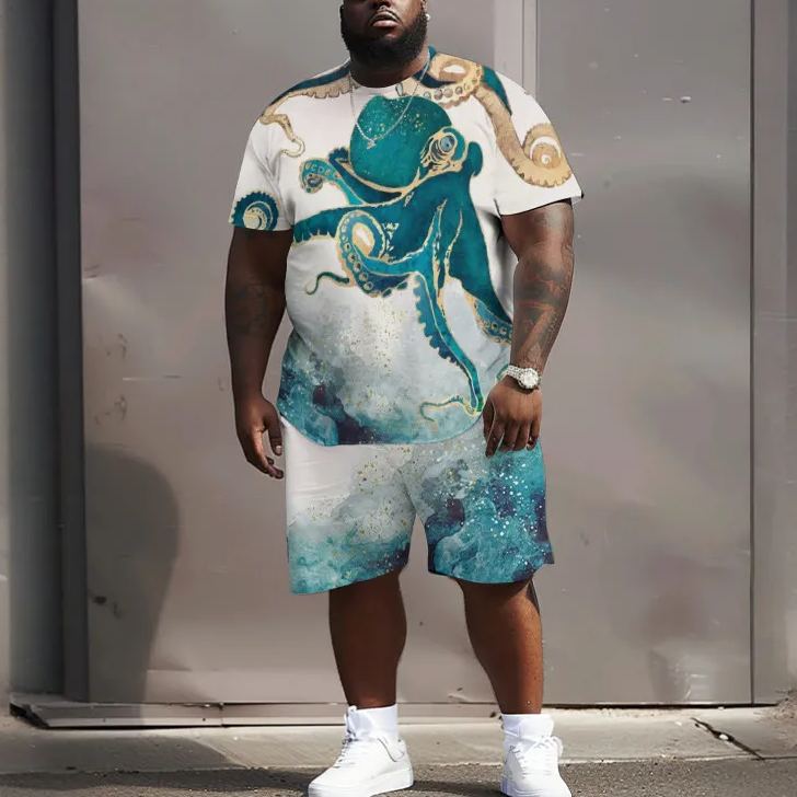 Men's Plus Size Oil Painting Octopus In The Sea Print Short Sleeve T-shirt Two-piece Set