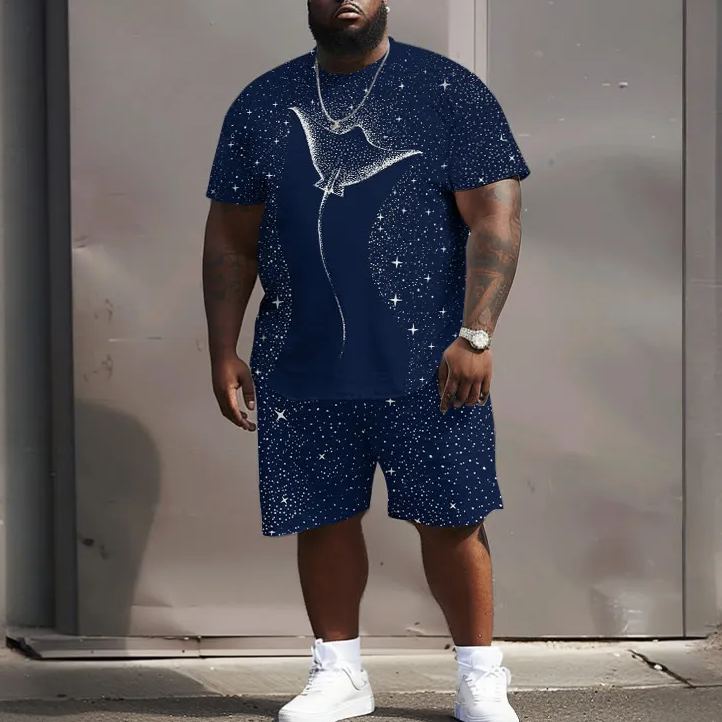 Men's Plus Size Starry Spotted Eagle Rays Print Short Sleeve T-shirt Two-piece Set