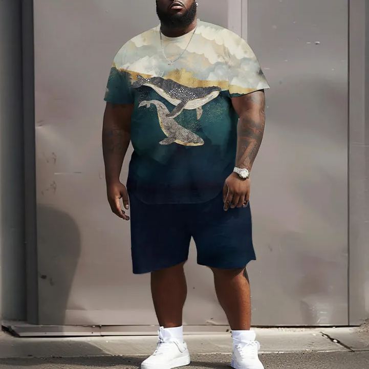 Men's Plus Size Oil Painting Whale Diving Into The Sea Print Short Sleeve T-shirt Two-piece Set