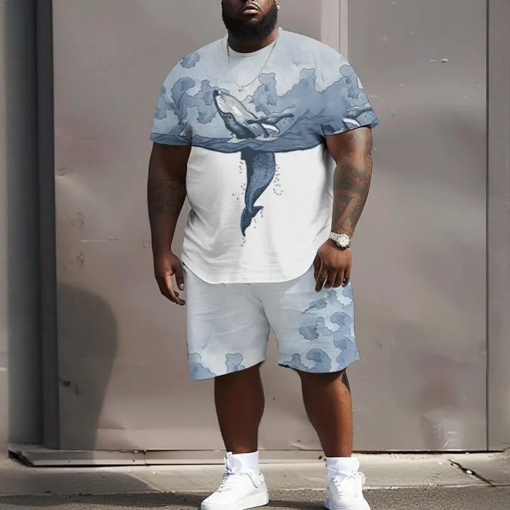 Men's Plus Size Watercolor Whale Jumping Out Of The Sea Print Short Sleeve T-shirt Two-piece Set