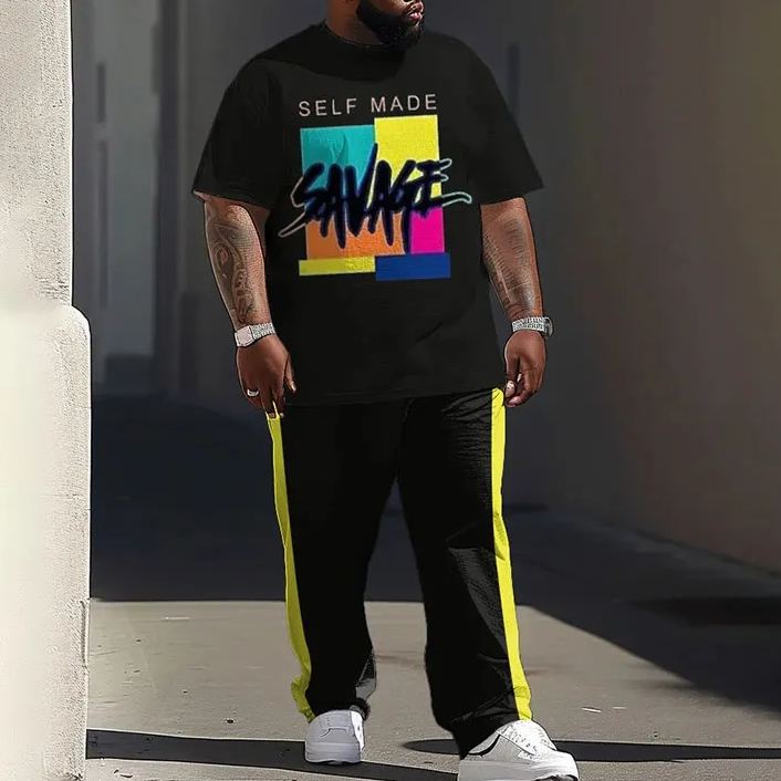  Men's Plus Size Self Made Savage Colorful Blocks Art Printed T-shirt Pants Set