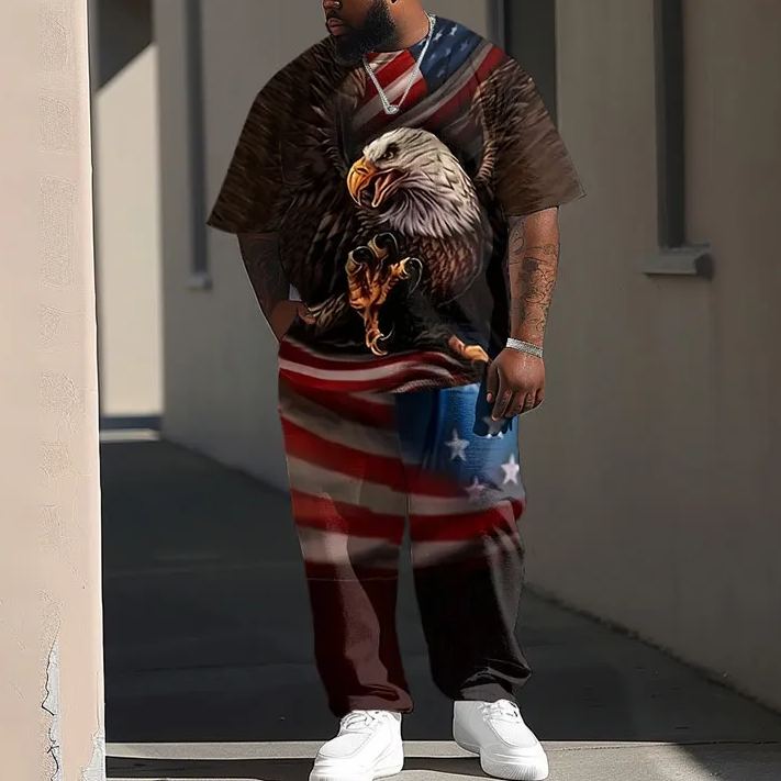 Men's Plus Size Flying Eagle US Flag Art Printed T-shirt Pants Set