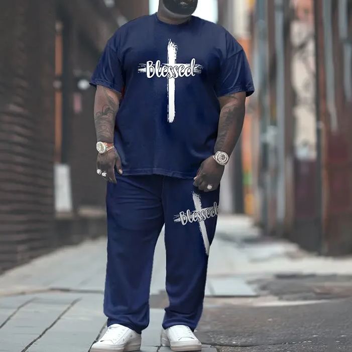  Men's Plus Size Summer Simple Blessed Cross Casual Printed T-shirt Pants Set