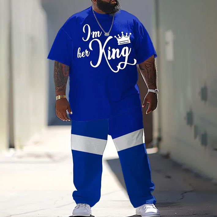  Men's Plus Size Artistic Letter I'm Her King Casual Printed T-shirt Pants Set