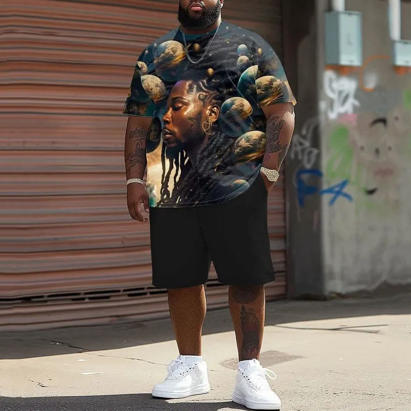 Men's Plus Size Black Men Power Art T-Shirt Shorts Set