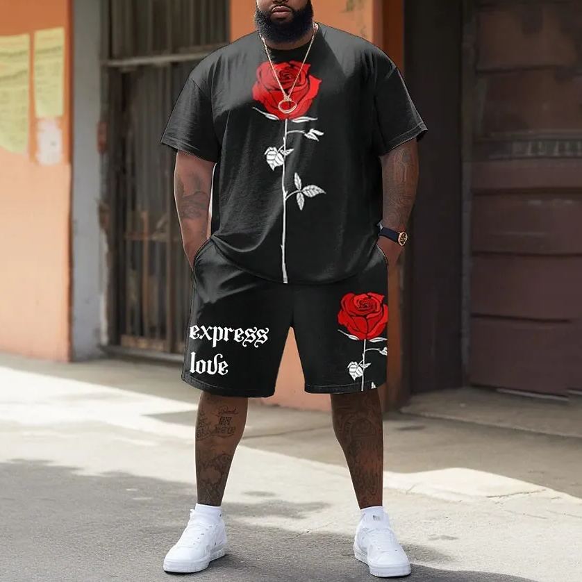 Men's Plus Size Rose Print T-shirt Shorts Set