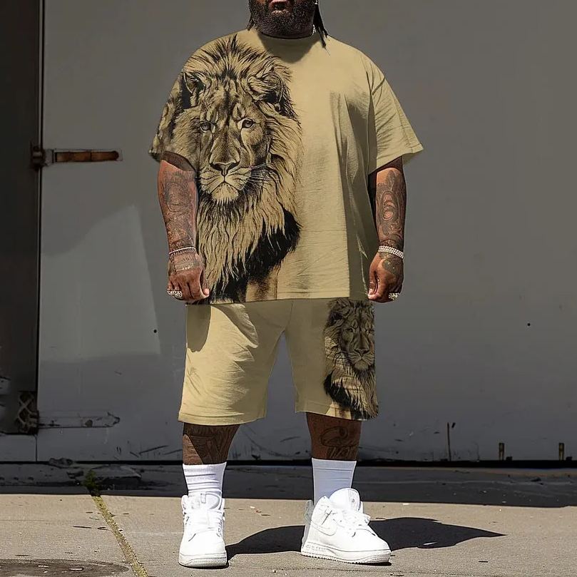 Men's Plus Size 3D Print Lion T-Shirt Shorts Set