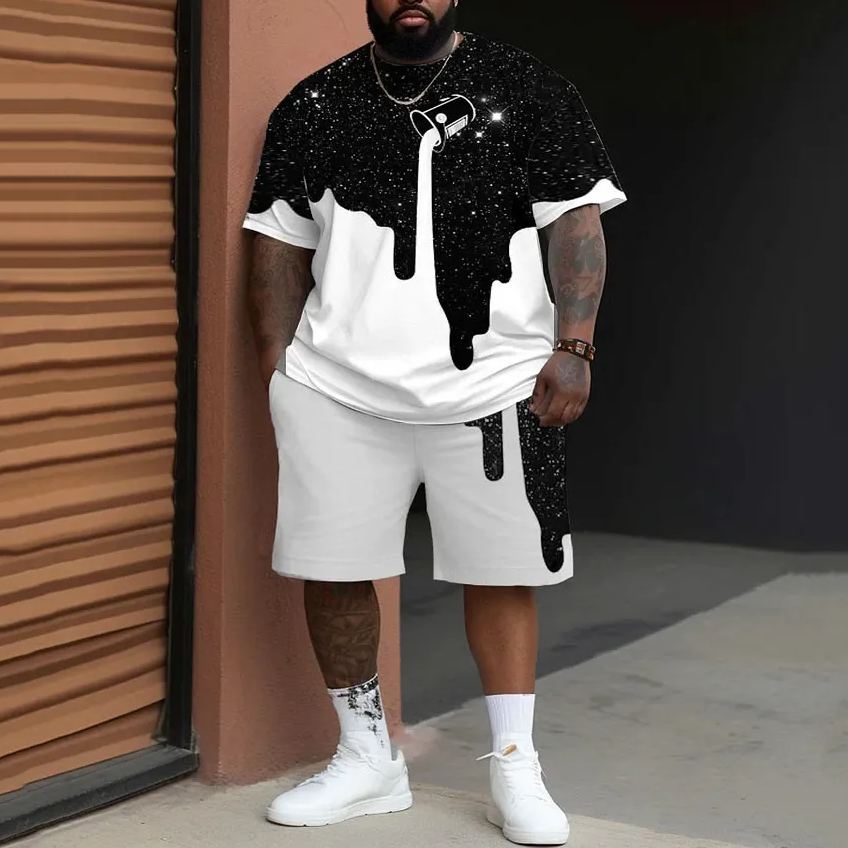 Men's Large Size Street Color Block Cartoon Graffiti Short-Sleeved Shorts Set