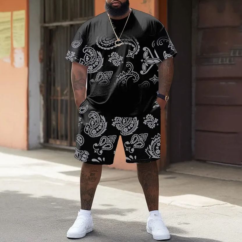 Advanced Color Cashew Flower Pattern T-Shirt Shorts Set Men's Plus Size