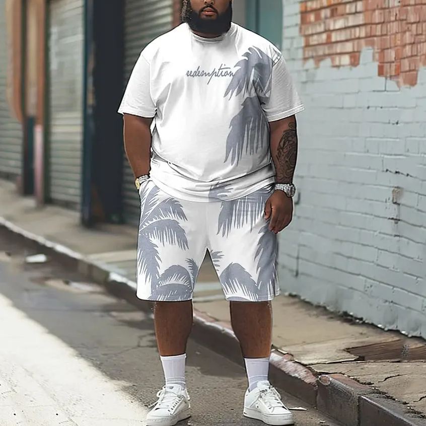 High Color Coconut Tree Print T-Shirt Shorts Set Men's Plus Size