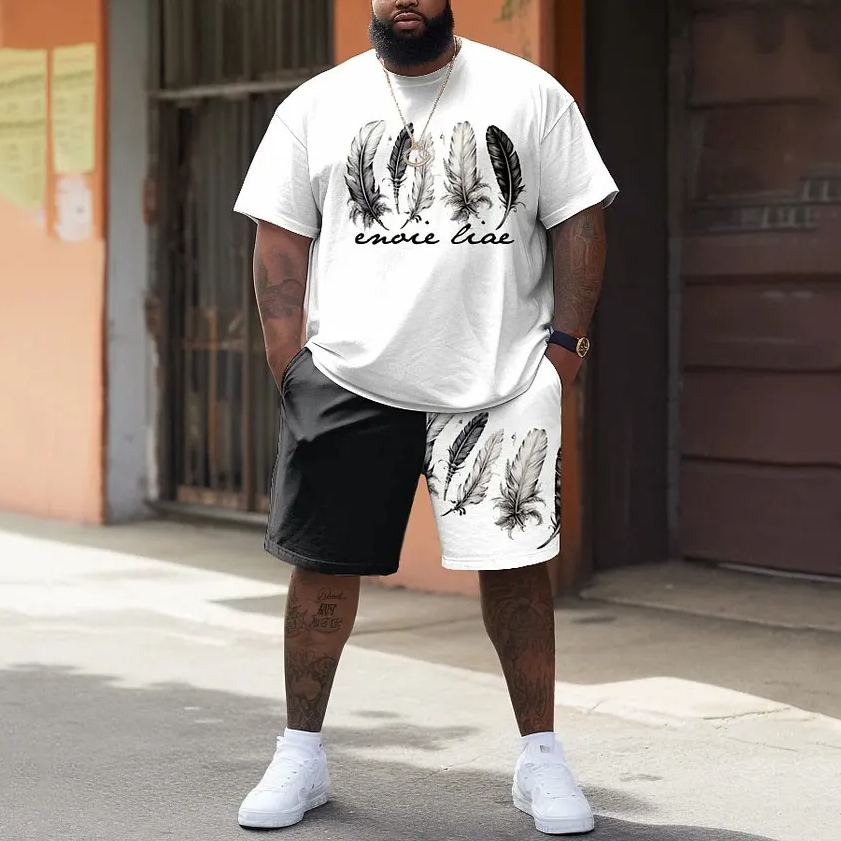Feather Monogram Print T-shirt Shorts Set Men's Plus Size