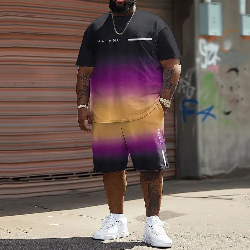 Men's Plus Size Casual Gradient Letter Print T-Shirt Shorts Set