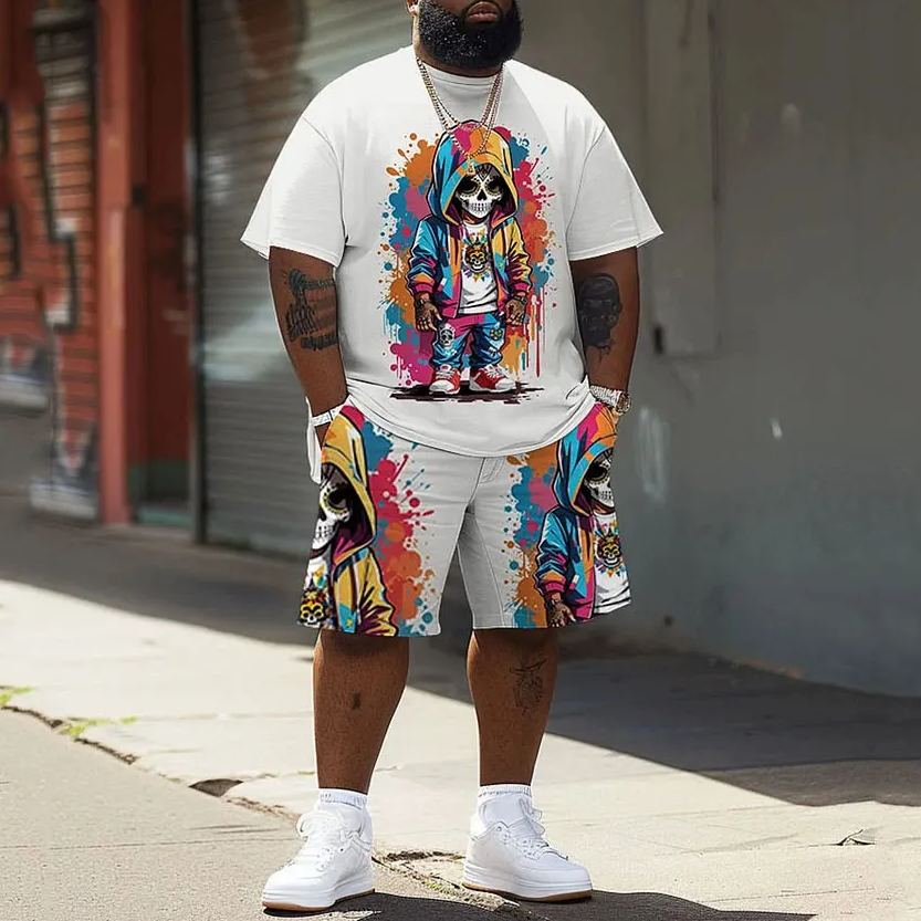 Men's Plus Size Street Fashion Colorful Graffiti Skull Print T-Shirt Shorts Set
