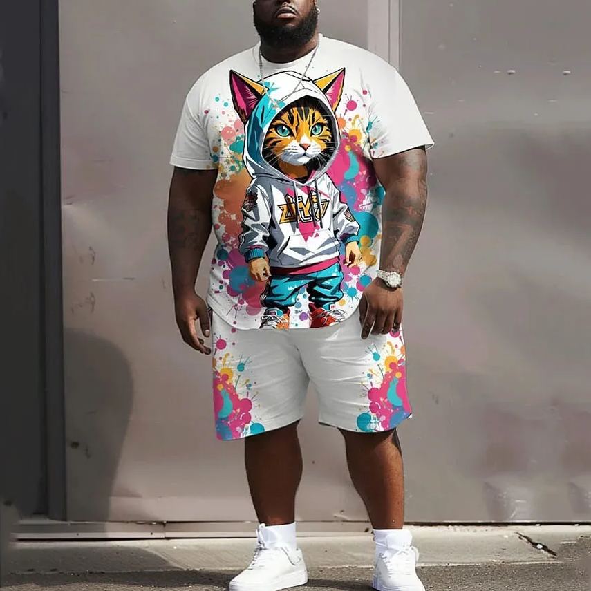 Men's Plus Size Street Fashion Graffiti Cat Print T-Shirt Shorts Set