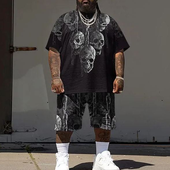 Men's Plus Size Street Hip Hop Skull Chain Print T-Shirt Shorts Set