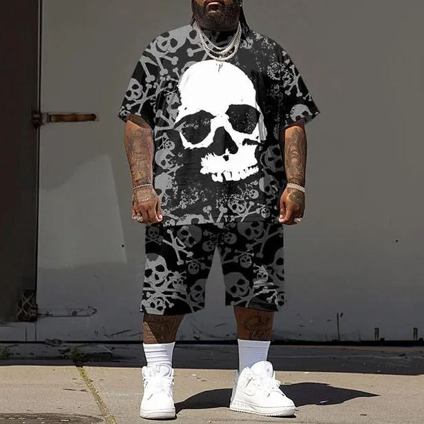 Men's Plus Size Street Hip Hop Skull Print T-Shirt Shorts Set