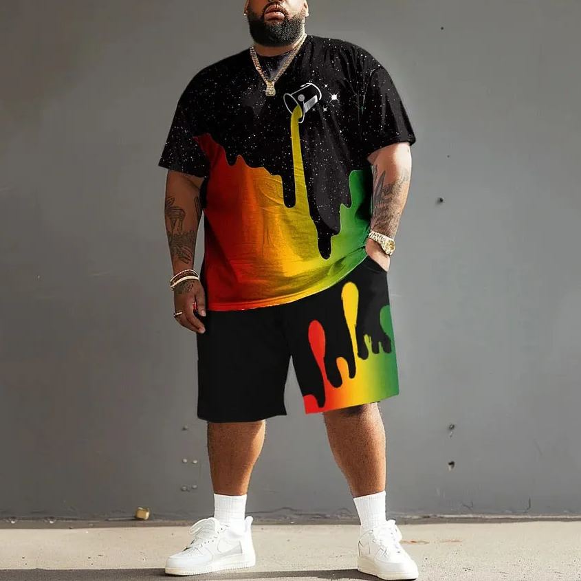 Men's Plus Size Fun Reggae Color Watercolor T-Shirt Shorts Set