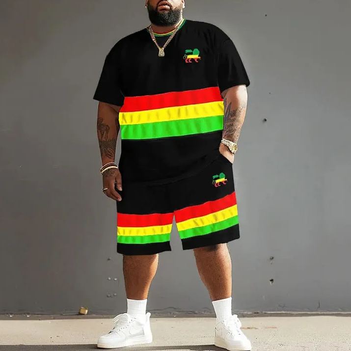 Men's Plus Size Reggae Striped Lion T-Shirt Shorts Set