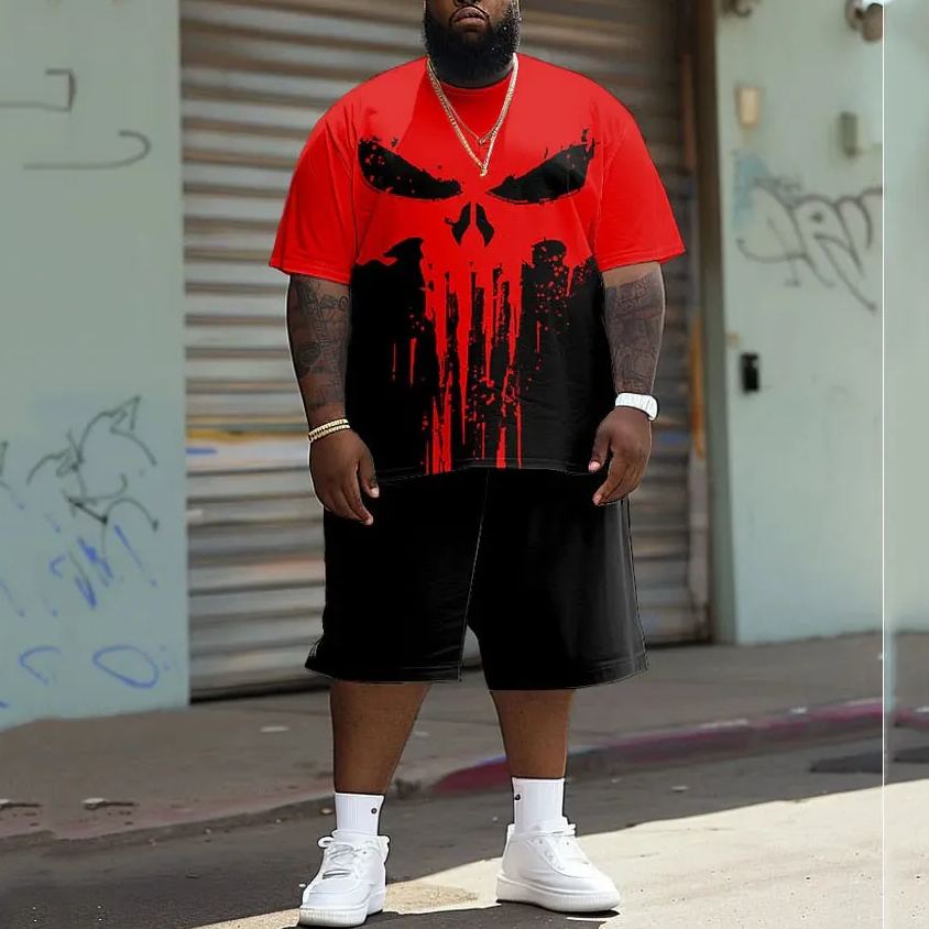 Men's Plus Size Street Fashion Skull Color-block Printed T-shirt Shorts Set