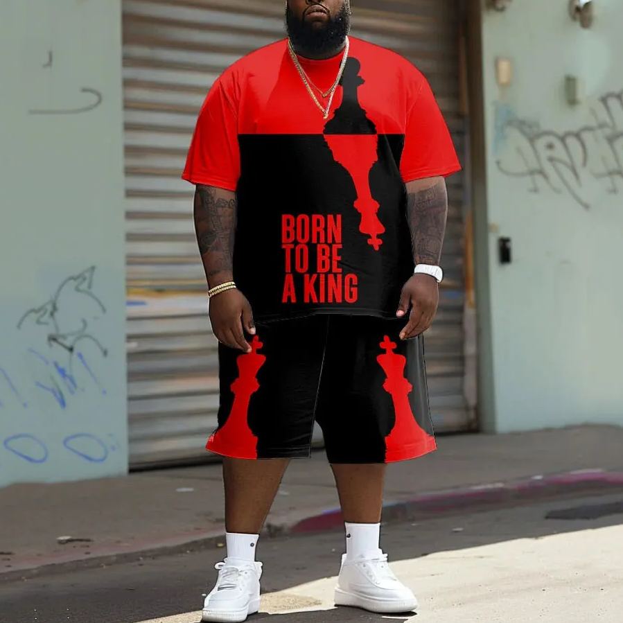Men's Plus Size Street Fashion Color-block Born To Be A King Print T-Shirt Shorts Set